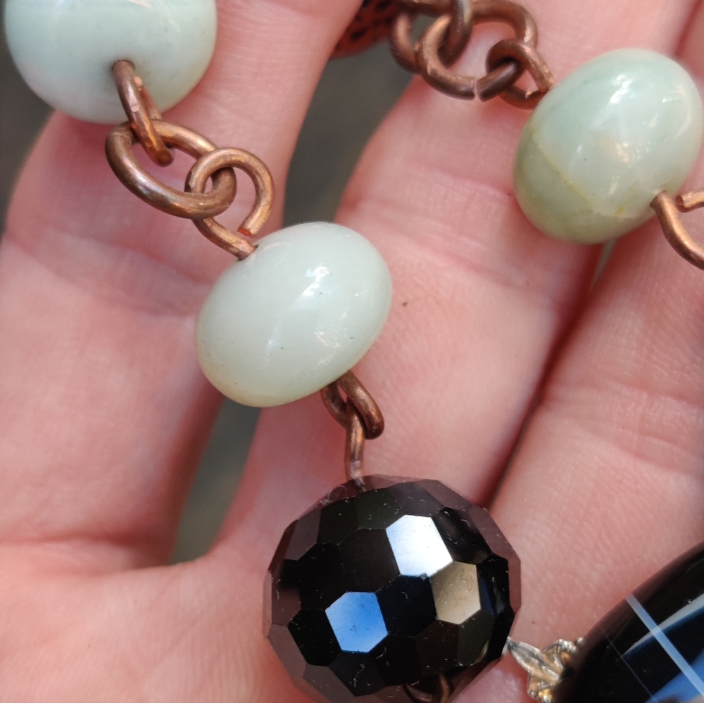 🔥 Vintage Copper Black Banded Agate,Jade And Faceted Black Onyx Bracelet - Picture 8 of 8